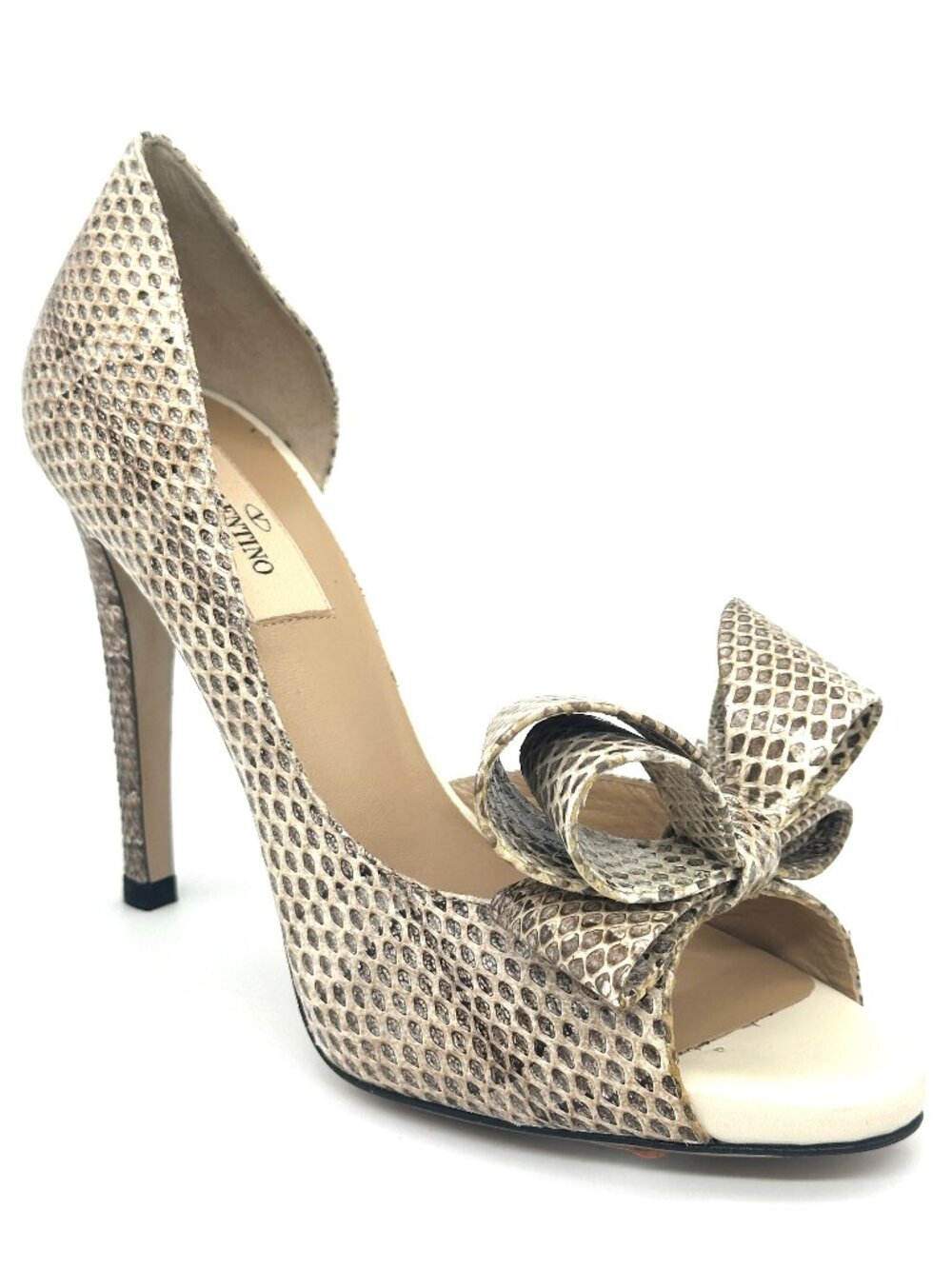 Valentino Couture Bow D'Orsay Open Toe Snake Leather Pumps Heels Shoes